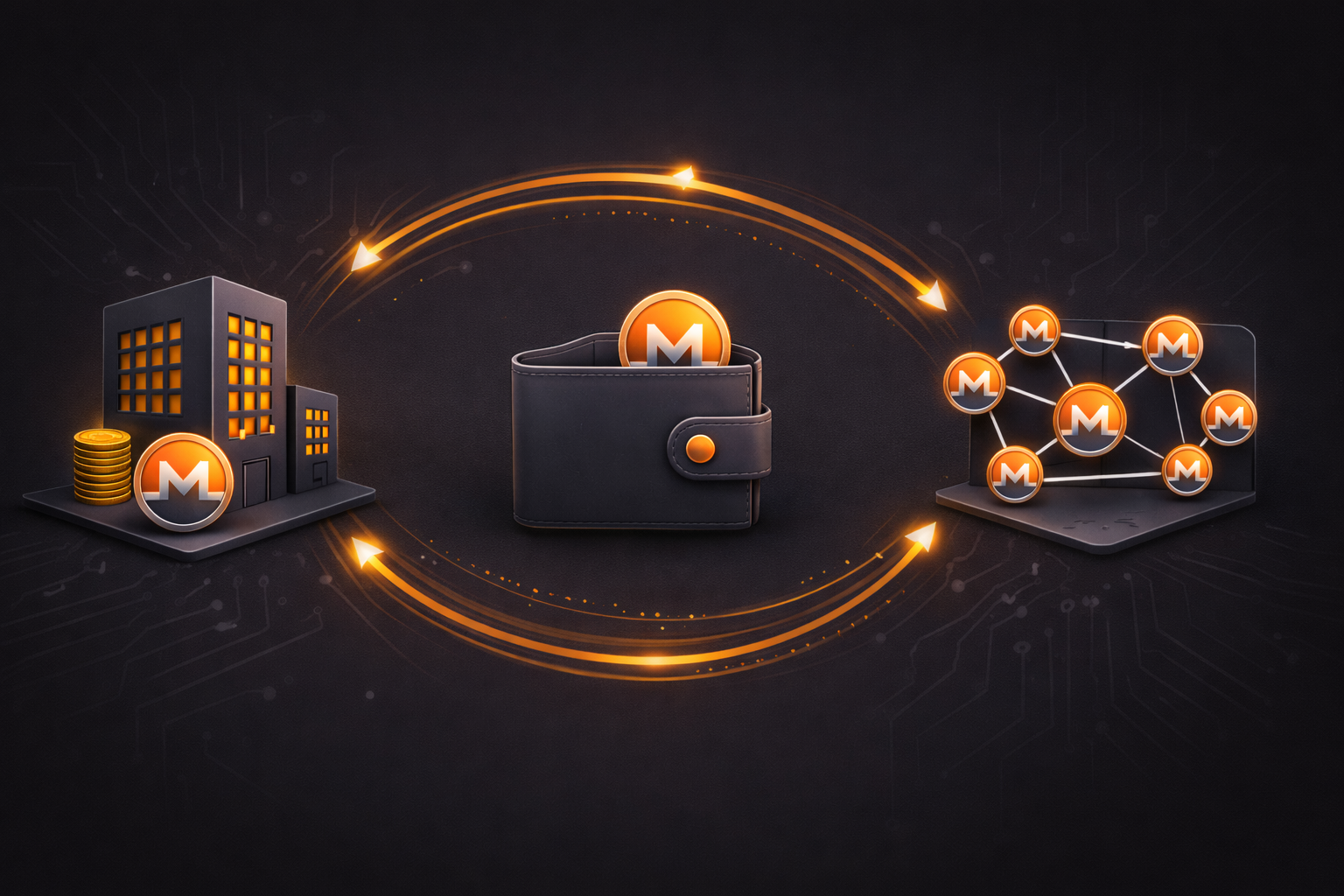 Abstract illustration of Monero flowing between an exchange, a wallet, and a peer-to-peer trade