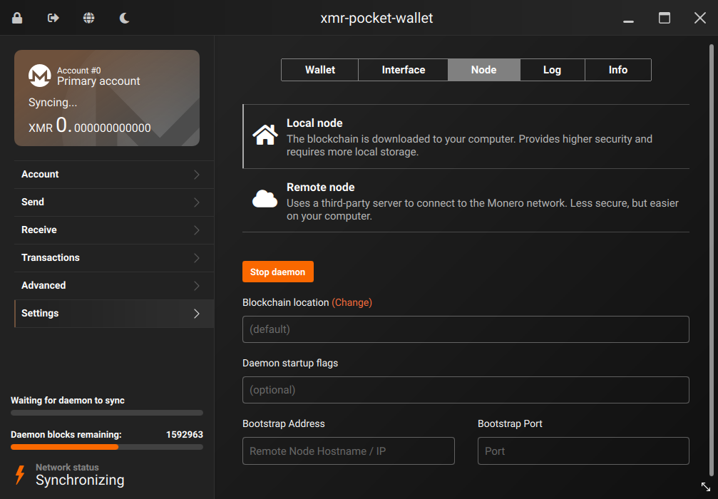 Monero GUI wallet daemon synchronization status screen showing sync progress bar and block height