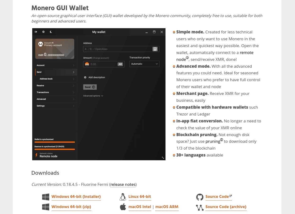 Monero official downloads page showing the GUI wallet section and current version
