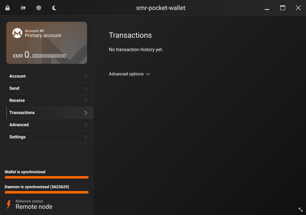 Monero GUI wallet history screen showing list of sent and received transactions with timestamps