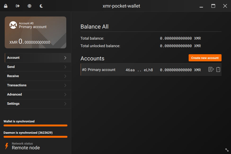 Monero GUI wallet main screen showing balance, navigation menu, and sync status