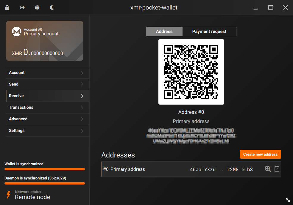 Monero GUI wallet receive screen showing primary address and subaddress creation option