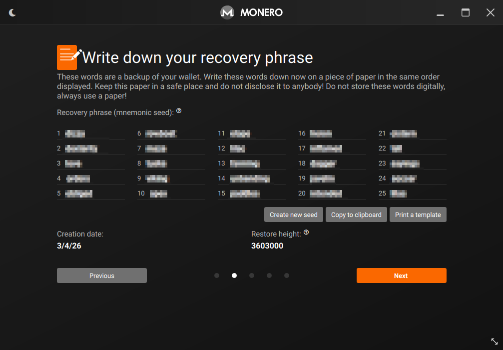 Monero GUI wallet seed phrase display screen showing 25 mnemonic words