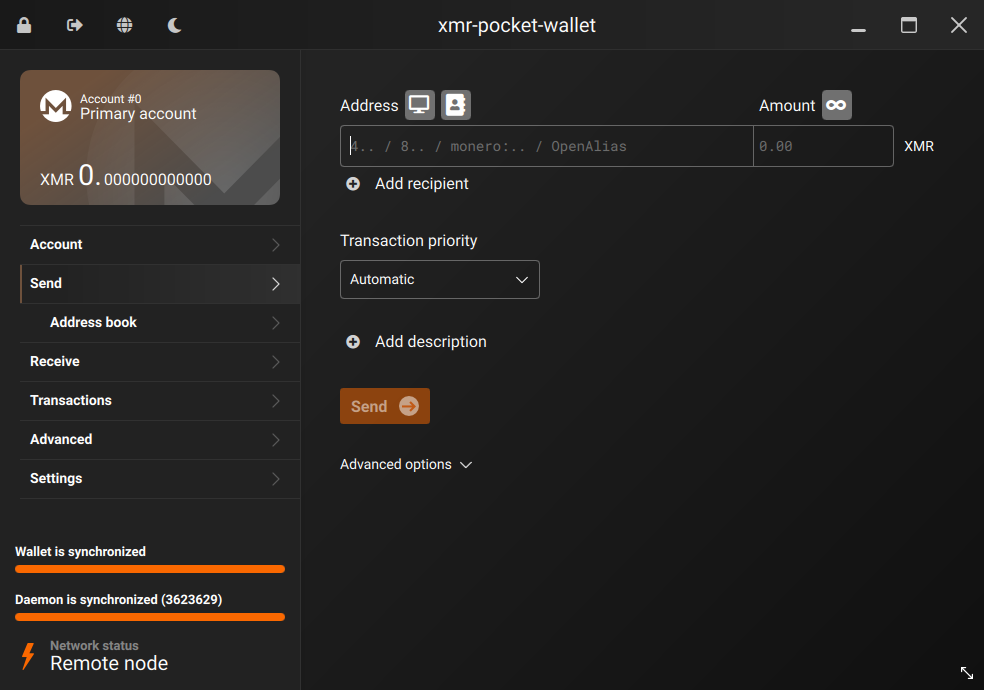 Monero GUI wallet send screen showing address field, amount field, and send button