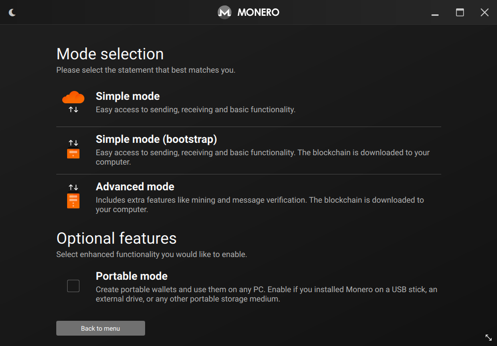Monero GUI wallet mode selection screen showing Simple, Bootstrap, and Advanced options