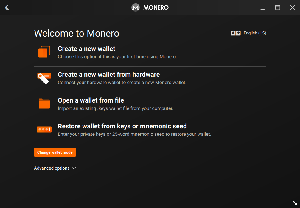 Monero GUI wallet welcome screen showing Create a new wallet and Restore wallet from keys options