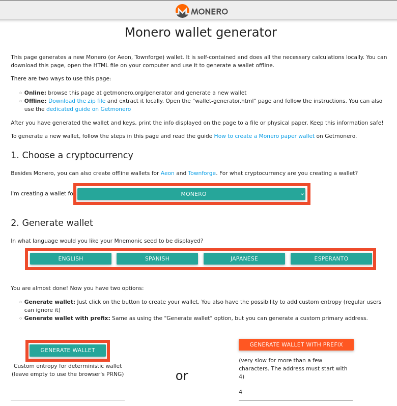 Official Monero wallet generator interface