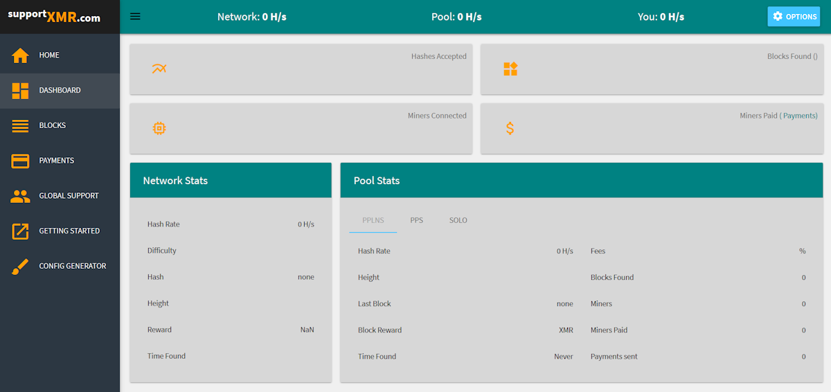 Example Monero mining pool dashboard showing hashrate and payouts