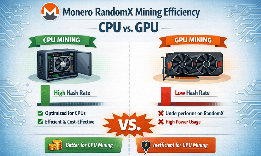 Illustrative comparison of Monero RandomX CPU vs GPU mining efficiency